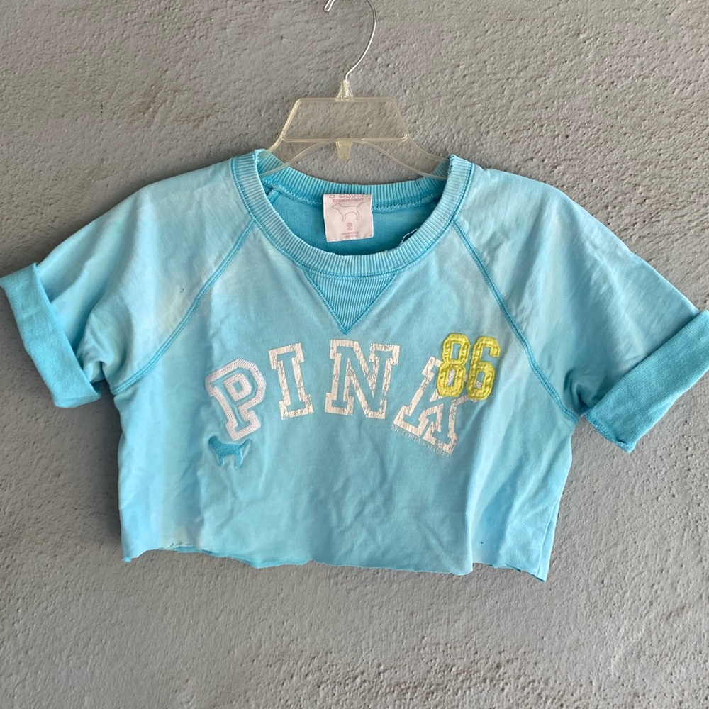 Vintage Victoria’s Secret PINK Cropped Patchwork Sweatshirt Size Small Blue EUC